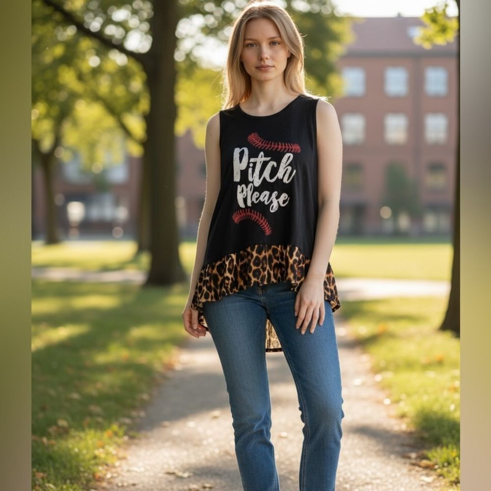 EUC Women’s Black Tank Animal Print Trim Baseball Graphic “Pitch”- Size Small